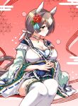  1girl animal_ears breasts brown_hair cleavage commentary ear_covers flower hair_between_eyes hair_flower hair_ornament hair_ribbon happy_new_future_(umamusume) highres hirowa_nagi horse_ears horse_girl japanese_clothes kimono large_breasts long_hair looking_to_the_side low_ponytail multicolored_hair official_alternate_costume ribbon satono_diamond_(floral_star_prosperous_green)_(umamusume) satono_diamond_(umamusume) sitting solo thighhighs umamusume white_ribbon white_thighhighs wide_sleeves 