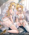  2girls ass bangs bare_shoulders blonde_hair blue_eyes blush breasts character_request cleavage closed_mouth commentary_request copyright_name evertale gloves hair_ornament high_heels highres large_breasts leotard long_hair looking_at_viewer multiple_girls navel parted_lips sage_joh smile thigh_strap thighhighs thighs white_gloves white_headwear white_leotard white_thighhighs wings 