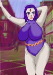  breasts city dc_comics highres huge_breasts kombat113 large_breasts non-web_source one-piece_swimsuit purple_eyes purple_hair raven_(dc) self_upload smile swimsuit teen_titans 