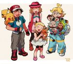  2boys 2girls :d ;d ahoge ash_ketchum backpack bag bangs baseball_cap bike_shorts black_footwear black_gloves black_thighhighs blonde_hair blue_jacket bonnie_(pokemon) boots brown_eyes brown_footwear brown_shirt bunnelby chespin clemont_(pokemon) closed_eyes commentary_request dedenne elizabeth_(tomas21) fingerless_gloves glasses gloves grey_pants hat highres holding holding_pokemon jacket jumpsuit long_sleeves medium_hair multiple_boys multiple_girls neck_ribbon one_eye_closed open_mouth pants pikachu pink_footwear pink_headwear pokemon pokemon_(anime) pokemon_(creature) pokemon_xy_(anime) red_headwear ribbon round_eyewear serena_(pokemon) shirt shoes short_sleeves shoulder_bag skirt smile standing thighhighs yellow_bag 