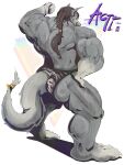  2021 3:4 absurd_res acti_(actinid5959) anthro barefoot bicep_curl big_muscles black_hair braided_hair braided_ponytail butt canid canine canis character_name feet fist full-length_portrait hair hand_on_hip hi_res huge_muscles looking_back male mammal muscular muscular_anthro muscular_male pinkgirlpen ponytail portrait rear_view simple_background solo standing tiger_striped_bikini vein veiny_muscles wolf 