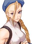  1girl alternate_color antenna_hair beret blonde_hair blue_eyes braid breasts cammy_white close-up hat highres hitsuji_kusa leotard medium_breasts scar solo strap street_fighter street_fighter_v twin_braids white_background white_leotard 