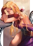  1girl alcohol bare_arms bare_shoulders blonde_hair blue_eyes breasts cleavage collarbone cup dress drinking_glass fatal_fury fingerless_gloves garou:_mark_of_the_wolves glass gloves hinoru_saikusa holding holding_cup jenet_behrn large_breasts long_hair looking_at_viewer purple_dress sideboob sitting sleeveless snk solo table the_king_of_fighters the_king_of_fighters_xv thighs wine wine_glass 