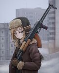  1girl akm akms artist_name brown_headwear brown_jacket brown_mittens brown_scarf building closed_mouth colored_eyelashes day eyelashes folding_stock from_side fur-trimmed_jacket fur-trimmed_sleeves fur_hat fur_trim grey_eyes gun hat holding holding_gun holding_weapon jacket kalashnikov_rifle light_brown_hair long_sleeves looking_at_viewer medium_hair multicolored_clothes multicolored_headwear multicolored_scarf one_eye_closed open_clothes open_jacket original outdoors over_shoulder print_headwear print_scarf scarf solo third-party_source upper_body ushanka weapon weapon_over_shoulder winter winter_clothes zap-nik 