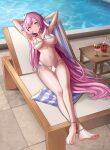  1girl absurdres armpits arms_behind_head arms_up bare_arms bare_legs bare_shoulders beach_chair bikini blanket blurry bottle breasts breasts_apart closed_mouth cup depth_of_field diamond-shaped_pupils diamond_(shape) drinking_glass elf elysia_(herrscher_of_human:ego)_(honkai_impact) elysia_(honkai_impact) feet hair_ornament halterneck highres honkai_(series) honkai_impact_3rd kekek large_breasts long_hair looking_at_viewer lying multi-strapped_bikini multicolored_hair nail_polish navel on_back pink_hair pointy_ears poolside purple_eyes side-tie_bikini_bottom skindentation smile solo stomach streaked_hair string_bikini swimsuit symbol-shaped_pupils thighs toenail_polish toenails toes very_long_hair white_bikini wine_bottle 