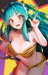  1girl :d absurdres animal_print bangs bikini blue_hair blush breasts hand_on_hip hand_up highres horns index_finger_raised leaning_forward long_hair looking_at_viewer lum marse_(rokudaime) navel print_bikini red_eyes smile solo star_(symbol) stomach strapless strapless_bikini swimsuit tiger_print urusei_yatsura very_long_hair 