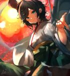  1girl ahoge bangs black_hair green_eyes green_hakama hakama hat highres japanese_clothes kantai_collection kimono machinery matsukaze_(kancolle) meiji_schoolgirl_uniform mini_hat mini_top_hat short_hair smokestack solo sunday_aki swept_bangs top_hat wavy_hair white_kimono 