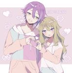  1boy 1girl bangs blue_hair drawstring green_skirt hair_between_eyes heart heart_hands heart_hands_duo height_difference hood hood_down hoodie kamishiro_rui kusanagi_nene long_hair long_sleeves multicolored_hair open_mouth pixel_heart pocket project_sekai purple_eyes purple_hair short_hair skirt skunlv streaked_hair upper_body wavy_hair yellow_eyes 