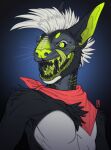  2020 anthro artist_logo black_body black_fur black_sclera black_teeth bust_portrait cheek_tuft dated facial_tuft fur green_eyes green_inner_ear green_markings green_nose green_tongue hair hi_res kerchief licking licking_lips licking_own_lips logo male markings mouth_shot neckerchief open_mouth portrait pupils red_kerchief red_neckerchief riorix self_lick simple_background solo species_request tongue tongue_out tuft whiskers white_body white_fur white_hair white_pupils 