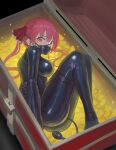  1girl black_thighhighs blush bodysuit breasts gag gloves heterochromia hololive houshou_marine latex latex_bodysuit long_hair looking_at_viewer monoglove raftetram red_eyes red_hair restrained ribbon solo thighhighs treasure_chest twintails virtual_youtuber yellow_eyes 