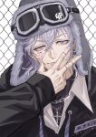  1boy bandaid bandaid_on_face bangs black_jacket black_shirt closed_mouth cross cross_necklace earrings fur_hat goggles goggles_on_headwear grey_hair grey_headwear hair_between_eyes hand_up hat jacket jewelry long_sleeves looking_at_viewer male_focus mitsuya_takashi necklace purple_eyes ring shirt short_hair single_earring smile solo sticker tokyo_revengers upper_body v xiaopa25 