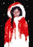  1girl black_hair blood blood_on_clothes blood_on_face chainsaw_man coat dark dark_background fur-trimmed_coat fur-trimmed_hood fur_trim green_eyes highres hood ht_no9 long_hair looking_at_viewer mole mole_under_eye mole_under_mouth multiple_moles santa_claus_(chainsaw_man) smile snowing solo twitter_username 