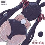  1girl animal_ears artist_name ass ass_focus back backbeako backbeard bare_shoulders bent_over black_hair black_leotard commentary dated dutch_angle fishnet_pantyhose fishnets from_behind gegege_no_kitarou hair_ribbon kono_lolicon_domome leaning_forward leotard long_hair original pantyhose partially_visible_vulva playboy_bunny pointy_ears rabbit_ears rabbit_tail red_ribbon ribbon simple_background solo symbol-only_commentary tail torotei translated twintails twitter_username very_long_hair white_background 
