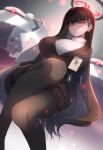  1girl absurdres bangs black_hair black_suit blue_archive blunt_bangs breasts formal halo highres holding holding_tablet_pc holster id_card knee_up large_breasts long_hair looking_at_viewer miniskirt ohako_(ohako1818) pantyhose pleated_skirt red_eyes rio_(blue_archive) skirt suit sweater tablet_pc thigh_pouch turtleneck turtleneck_sweater white_sweater 