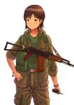  1girl absurdres ak-74 aks-74 ammunition_pouch assault_rifle badge bangs belt belt_buckle black_eyes blush brown_hair brown_pants buckle button_badge camouflage camouflage_jacket camouflage_pants cargo_pants charm_(object) closed_mouth collar_tabs collarbone folding_stock green_shirt gun hair_ornament hairclip hand_on_hip highres holding_walkie-talkie hood hood_down hooded_jacket jacket kalashnikov_rifle light_frown looking_to_the_side military military_jacket military_uniform nikolai_ezhov open_clothes open_jacket orange_belt original pants patch pocket pouch rifle shirt short_hair simple_background sleeves_past_elbows sleeves_rolled_up sling soldier solo star_(symbol) t-shirt uniform watch weapon white_background wristwatch 