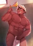  1boy abs akiha_gongen_(housamo) bandaid bandaid_on_face bandaid_on_nose bara contrapposto covering covering_crotch dark-skinned_male dark_skin facial_hair feet_out_of_frame goatee haiiro_oekaki highres holding holding_clothes holding_underwear horns index_fingers_together large_pectorals locker locker_room looking_at_viewer male_focus motion_blur multicolored_hair muscular muscular_male naked_towel navel nipples pectorals scar scar_on_arm scar_on_leg short_hair sideburns single_horn smirk solo sparkle stomach sweat thick_eyebrows thick_thighs thighs tokyo_afterschool_summoners towel two-tone_hair underwear white_hair 