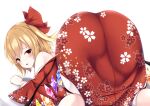  1girl 2022 all_fours ass bangs bat_wings blonde_hair blush crystal flandre_scarlet floral_print from_behind furrowed_brow hair_between_eyes hair_ribbon half-closed_eyes head_tilt japanese_clothes kashiwagi_yamine kimono long_sleeves looking_at_viewer looking_back medium_hair multicolored_wings new_year off_shoulder open_mouth rainbow_order red_eyes red_kimono red_ribbon ribbon side_ponytail sidelocks simple_background smile solo touhou white_background wide_sleeves wings yukata 
