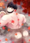  1boy back bangs bara black_hair blush completely_nude facial_hair falling_leaves glasses green_eyes haiiro_oekaki highres holding holding_eyewear large_pectorals leaf live_a_hero male_focus muscular muscular_male nude onsen pectorals santetsu_(live_a_hero) short_hair solo 