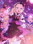  3girls alternate_costume alternate_hairstyle beatrice_(re:zero) blonde_hair blue_eyes blue_hair blush bow drill_hair green_eyes hair_ornament hair_ribbon heart heart_hands highres idol meili_portroute multiple_girls one_eye_closed open_mouth orange_hair parupin petra_leyte re:zero_kara_hajimeru_isekai_seikatsu ribbon symbol-shaped_pupils 