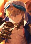  1boy 1girl abs arabian_clothes bangs bikkusama blonde_hair blurry blurry_background cup earrings fate/grand_order fate_(series) gilgamesh_(caster)_(fate) gilgamesh_(fate) gloves gold_armor hair_between_eyes hat high_collar highres holding holding_cup holy_grail_(fate) jewelry mouth_veil neck red_eyes reflection siduri_(fate) single_glove sleeveless tongue tongue_out turban veil 