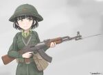  1girl artist_name assault_rifle bag bangs bayonet belt black_hair blunt_bangs brown_bag chin_strap closed_mouth collared_shirt commentary finger_on_trigger frown green_belt green_eyes green_headwear green_shirt grey_background gun hat hat_ornament highres holding holding_gun holding_weapon kalashnikov_rifle long_sleeves looking_away looking_to_the_side military military_hat military_uniform open_collar original pale_skin pocket rifle satchel savankov shirt short_hair soldier solo star_(symbol) type_56_assault_rifle uniform upper_body utility_belt vietnam_war weapon 