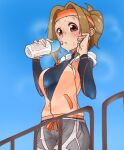  1girl blonde_hair blue_sky blush bottle breasts drink earphones holding holding_bottle idolmaster idolmaster_cinderella_girls jacket jogging kurushima_gire long_sleeves looking_at_viewer manabe_itsuki medium_breasts parted_lips pink_eyes ponytail railing removing_earbuds shorts sidelocks sky sleeveless sleeveless_jacket sweat upper_body water_bottle workout_clothes 