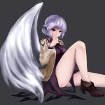  1girl breasts brown_footwear brown_jacket commentary_request dress highres inoshin_(inixia1748) jacket kishin_sagume long_sleeves medium_breasts purple_dress red_eyes sitting solo thighs touhou white_wings wings 