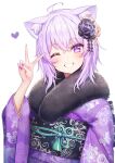  1girl ahoge animal_ear_fluff animal_ears blush cat_ears cat_girl deadnooodles fingernails flower fur-trimmed_kimono fur_trim grin hair_flower hair_ornament heart highres hololive japanese_clothes kimono looking_at_viewer nail_polish nekomata_okayu obi one_eye_closed purple_eyes purple_hair purple_kimono purple_nails sash short_hair simple_background smile solo upper_body v virtual_youtuber white_background wide_sleeves 