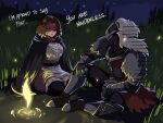  1boy 1girl armor brown_cloak brown_hair campfire cloak elden_ring english_commentary english_text fire highres hood hooded_cloak knight melina_(elden_ring) night night_sky one_eye_closed outdoors shaded_face short_hair sitting sky talking tarnished_(elden_ring) tina_fate 