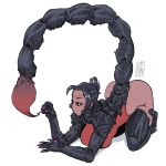  1girl all_fours arthropod_girl bigmsaxon black_hair breasts carapace compound_eyes dark-skinned_female dark_skin extra_eyes half_updo highres large_breasts orange_eyes original purple_nails scorpion_girl scorpion_tail solo stinger tail 