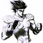  1boy abs armor arms_up black_hair clenched_hands fingerless_gloves gloves highres jojo_no_kimyou_na_bouken looking_at_viewer mitsuki_yuina monochrome muscular muscular_male pauldrons scarf shadow shoulder_armor stand_(jojo) star_platinum stardust_crusaders upper_body white_background 