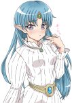  1girl blue_hair breasts circlet dress earrings grey_eyes highres jewelry lafiel long_hair long_sleeves looking_at_viewer necklace nounaa_shi pointy_ears seikai_no_senki simple_background small_breasts solo very_long_hair white_background white_dress 