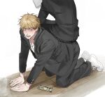  1boy 1other ajrtkf44 all_fours black_jacket black_pants blonde_hair blush chainsaw_man commentary_request denji_(chainsaw_man) draw_your_babygirl_(meme) formal hands_on_floor jacket korean_commentary male_focus meme money on_floor pants red_eyes sharp_teeth shirt shoes short_hair sitting sitting_on_person sneakers suit teeth white_background white_footwear white_shirt 