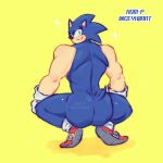  2021 anthro big_butt blue_body blue_butt broly_culo butt butt_focus ceykiiart clothing crouching eulipotyphlan footwear gloves green_eyes handwear hedgehog hi_res looking_back male mammal meme mostly_nude parody red_clothing red_footwear red_shoes sega shoes simple_background smile solo sonic_the_hedgehog sonic_the_hedgehog_(series) sparkles spread_legs spreading teeth white_clothing white_gloves white_handwear yellow_background 