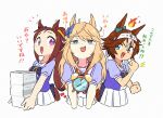  3girls alarm_clock animal_ears appleq bamboo_memory_(umamusume) blonde_hair blue_eyes blush bow bowtie brown_hair clock commentary_request ear_bow gold_city_(umamusume) hair_bow headband highres horse_ears horse_girl horse_tail long_hair matching_outfit multicolored_hair multiple_girls paper_stack pleated_skirt ponytail puffy_short_sleeves puffy_sleeves purple_bow purple_bowtie purple_eyes purple_shirt sailor_collar sakura_bakushin_o_(umamusume) school_uniform serafuku shirt short_hair short_sleeves skirt tail tracen_school_uniform translation_request two-tone_hair umamusume white_hair white_skirt 