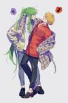  1boy 1other arm_around_neck bangs bikkusama black_footwear blonde_hair buttons closed_mouth collared_shirt earrings enkidu_(fate) fate/grand_order fate_(series) full_body gilgamesh_(caster)_(fate) gilgamesh_(fate) green_hair grey_shirt hair_between_eyes hand_in_pocket highres jacket jacket_partially_removed jewelry long_hair long_sleeves multiple_boys musical_note necklace open_mouth ponytail red_eyes shirt short_hair simple_background t-shirt very_long_hair white_shirt 