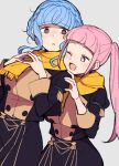  2girls :o ;d bags_under_eyes bangs blue_hair blunt_bangs blush braid breasts brown_eyes commentary cowboy_shot crown_braid do_m_kaeru fire_emblem fire_emblem:_three_houses garreg_mach_monastery_uniform grey_background hilda_valentine_goneril large_breasts light_blue_hair long_hair looking_at_another marianne_von_edmund medium_breasts medium_hair multiple_girls one_eye_closed open_mouth orange_scarf pink_eyes scarf shared_clothes shared_scarf sidelocks simple_background smile steepled_fingers twintails 