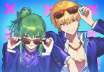  2boys abs aqua_eyes bangs bikkusama blonde_hair buttons chain chain_necklace closed_mouth collared_shirt cross earrings elbow_on_another&#039;s_shoulder enkidu_(fate) eyewear_on_head fate/grand_order fate_(series) gilgamesh_(caster)_(fate) gilgamesh_(fate) glasses gold_chain green_hair hair_between_eyes high_collar highres jewelry long_hair long_sleeves multiple_boys necklace red_eyes school_uniform shirt short_hair tongue tongue_out unbuttoned unbuttoned_shirt 