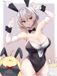  1girl animal_ears arms_up azur_lane bangs bare_shoulders black_bow black_bowtie black_leotard bow bowtie breasts cleavage commentary_request cowboy_shot detached_collar elbow_gloves fake_animal_ears gloves grey_background irohara large_breasts leotard looking_at_viewer manjuu_(azur_lane) parted_lips playboy_bunny rabbit_ears red_eyes short_hair sirius_(azur_lane) solo standing strapless strapless_leotard thighhighs white_gloves white_hair white_thighhighs 