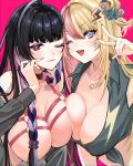  2girls aburi_rare black_hair blonde_hair blue_eyes braid breasts cleavage collar eyeshadow fingernails hair_ornament hair_scrunchie hairclip highres jewelry kotoka_torahime large_breasts lipstick long_hair makeup meloco_kyoran multicolored_hair multiple_girls nail_polish necklace nijisanji nijisanji_en one_eye_closed open_mouth pink_eyes pink_hair purple_hair scrunchie spider_web_tattoo teeth twin_braids upper_teeth_only v virtual_youtuber white_hair 