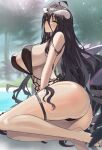 1girl albedo_(overlord) ass barefoot bikini black_feathers black_hair black_wings breasts demon_girl demon_horns feathered_wings feathers hair_between_eyes hareno_chiame highres horns large_breasts long_hair looking_at_viewer low_wings overlord_(maruyama) sideboob smile solo swimsuit thigh_strap white_horns wings yellow_eyes 