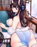  1girl absurdres artist_name ass azur_lane black_hair breasts check_commentary china_dress chinese_clothes commentary_request dress from_behind fur_shawl hair_bun hair_ornament hairpin highres horns jrpulse large_breasts long_hair looking_at_viewer looking_back noshiro_(azur_lane) noshiro_(fragrance_of_the_eastern_snow)_(azur_lane) oni_horns purple_eyes shawl sideboob sleeveless sleeveless_dress window 