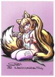  1girl absurdres animal_collar animal_ear_fluff animal_ears blonde_hair blue_eyes breasts clenched_hands collar floofsmear fox_ears fox_girl fox_tail gloves highres leotard long_hair name_tag navel open_mouth original oscilloscope simple_background sitting small_breasts smile tail thick_thighs thighhighs thighs twintails white_gloves 