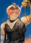  1boy bangs bara bare_shoulders braid character_request check_copyright come_hither copyright_request covered_abs final_fantasy flustered goggles goggles_on_head highres large_pectorals looking_at_viewer male_focus mbdtz muscular muscular_male one_eye_closed pectorals pink_hair pouring pouring_onto_self shirt short_hair sidepec sky sleeveless sleeveless_shirt solo taut_clothes taut_shirt upper_body water wet wet_clothes wet_shirt 
