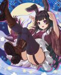  1girl :d animal_ears apron arms_up ass bangs black_hair black_thighhighs blue_eyes boots breasts brown_footwear bunny_pose commentary cross-laced_footwear english_commentary full_moon garter_straps hair_ornament hairclip highres hikari_niji japanese_clothes kimono knee_up lace-up_boots leg_up long_hair long_sleeves looking_at_viewer medium_breasts moon nail_polish nijisanji purple_kimono rabbit_ears red_nails shoe_soles smile solo starry_background thighhighs thighhighs_under_boots tsukino_mito very_long_hair white_apron wide_sleeves 