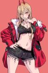  1girl absurdres bare_shoulders biting black_shorts black_underwear blonde_hair blush breasts chainsaw_man cleavage coat cross-shaped_pupils finger_biting highres horns jacket jacket_partially_removed navel orange_eyes power_(chainsaw_man) red_coat red_horns sharp_teeth shorts standing symbol-shaped_pupils teeth underwear yamashita_shun&#039;ya 