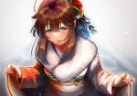  1girl absurdres ahoge alternate_costume blue_eyes brown_hair floral_print fur_collar furisode gradient_kimono hair_flaps hair_ornament highres japanese_clothes kantai_collection kimono orange_kimono pink_nails print_kimono shigure_(kancolle) shigure_kai_ni_(kancolle) solo tsui_(kojiya) upper_body white_kimono 