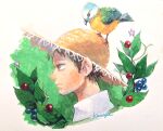  1boy animal_on_head asapbn berry bird black_hair collared_shirt green_theme hat leaf on_head one_piece plant portrait profile shirt short_hair signature straw_hat traditional_media trafalgar_law white_shirt yellow_eyes 