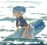  1girl bikini blue_eyes blue_hair blue_nails blue_theme bracelet cape earrings flower hair_flower hair_ornament hand_on_own_thigh highres holding holding_surfboard jewelry kondoo looking_at_viewer magia_record:_mahou_shoujo_madoka_magica_gaiden magical_girl mahou_shoujo_madoka_magica miki_sayaka miki_sayaka_(surfer_ver.) multiple_straps ocean open_mouth outdoors partially_submerged ponytail shrug_(clothing) solo soul_gem surfboard swimsuit water white_cape white_flower 