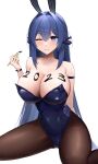  1girl 2023 ;3 absurdres animal_ears arm_strap azur_lane bangs bare_shoulders black_leotard blue_eyes blue_hair blush body_writing breasts cleavage closed_mouth collarbone commentary covered_navel fake_animal_ears hair_between_eyes hair_intakes highres holding holding_paintbrush large_breasts leotard long_hair looking_at_viewer new_jersey_(azur_lane) new_jersey_(exhilarating_steps!)_(azur_lane) official_alternate_costume one_eye_closed paintbrush pantyhose playboy_bunny rabbit_ears rk_(cc15915r) sidelocks simple_background sitting smile solo strapless strapless_leotard very_long_hair wariza white_background 